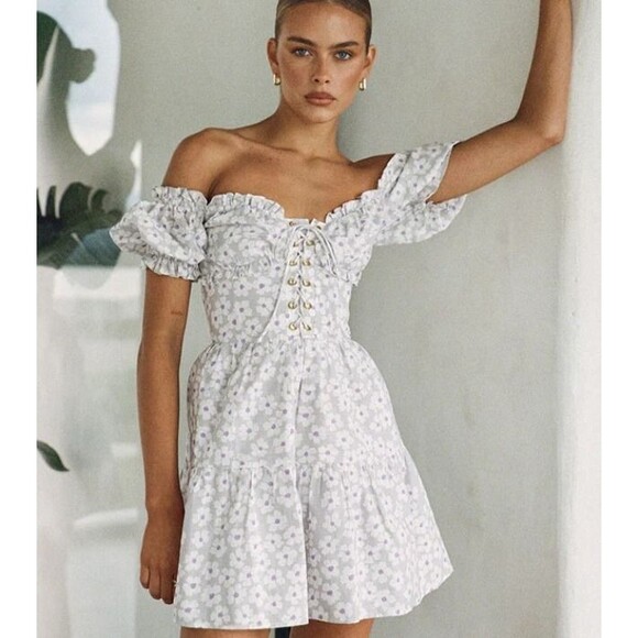 Sabo Skirt Camryn Dress Off Shoulder Mini Short Floral Cotton Lace Up Small - Picture 1 of 9